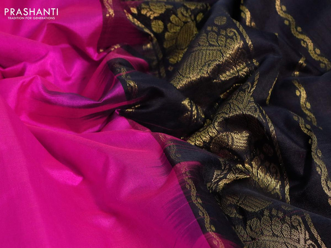 Silk cotton saree pink and black with plain body and annam zari woven border