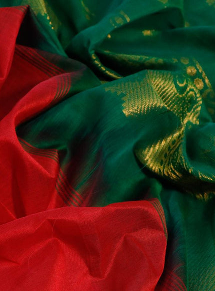 Silk cotton saree red and green with plain body and zari woven border