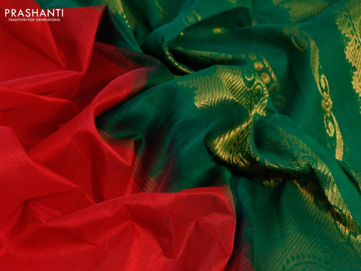 Silk cotton saree red and green with plain body and zari woven border