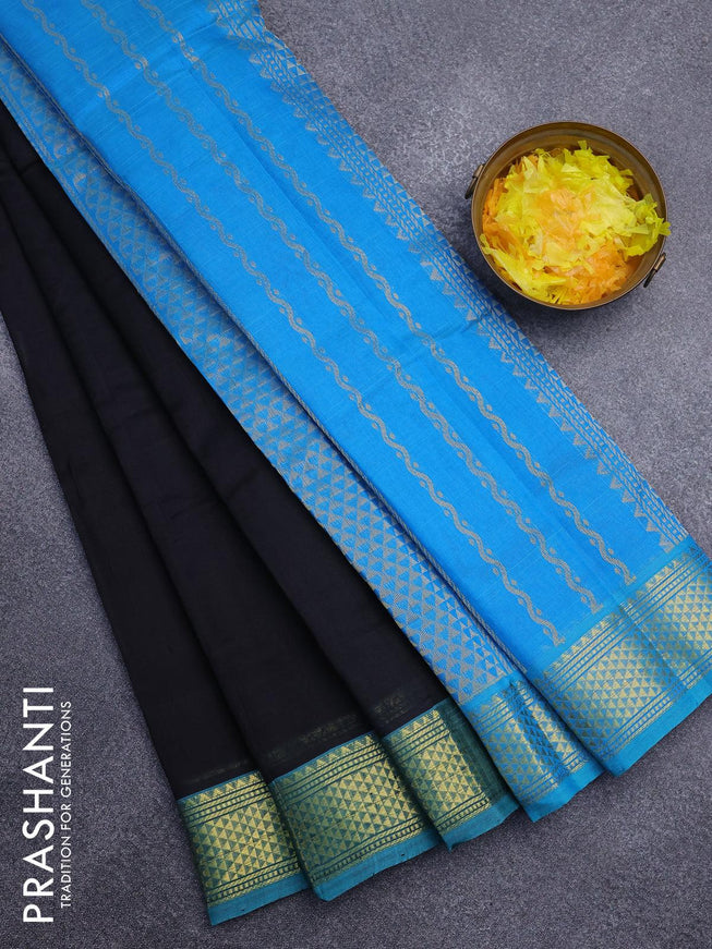 Silk cotton saree black and light blue with plain body and zari woven border