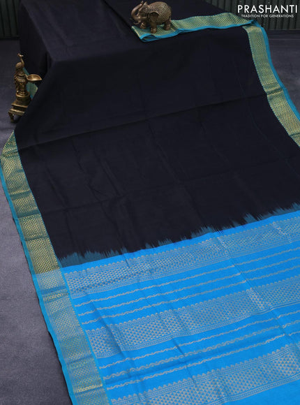 Silk cotton saree black and light blue with plain body and zari woven border