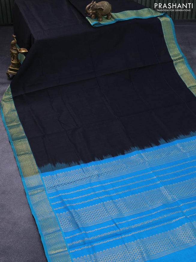 Silk cotton saree black and light blue with plain body and zari woven border