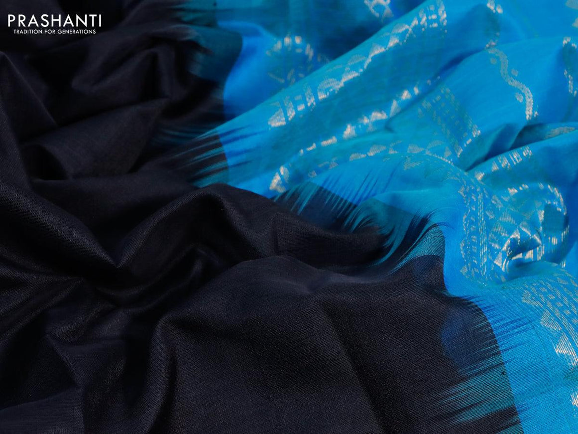 Silk cotton saree black and light blue with plain body and zari woven border