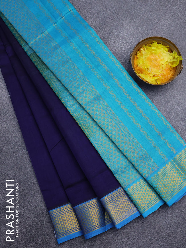 Silk cotton saree dark blue and teal blue with plain body and zari woven border