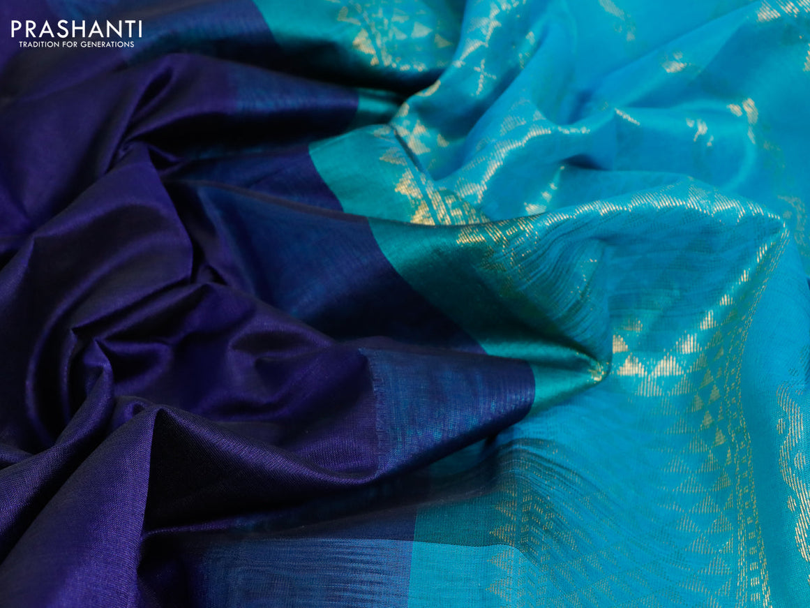 Silk cotton saree dark blue and teal blue with plain body and zari woven border