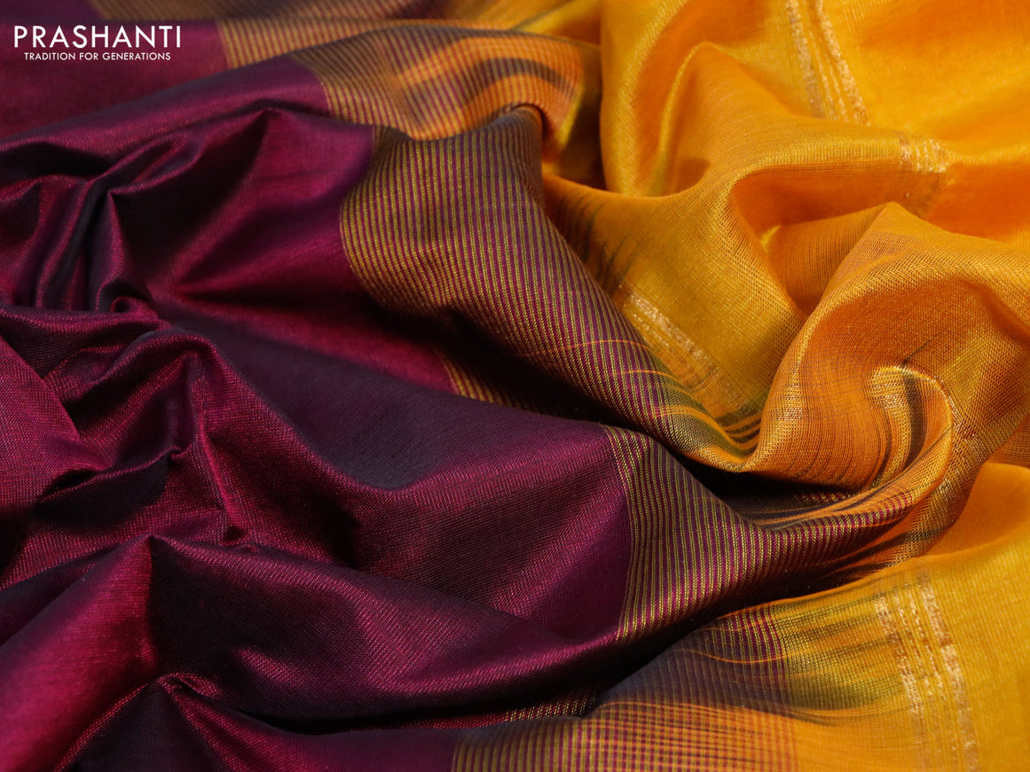 Silk cotton saree dark magenta pink and mustard yellow with plain body and annam zari woven border