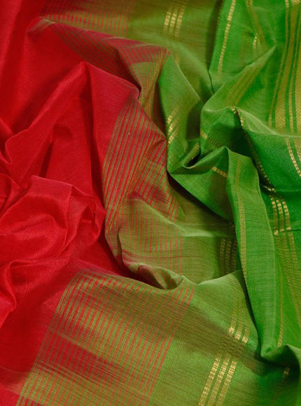 Silk cotton saree red and green with plain body and zari woven border