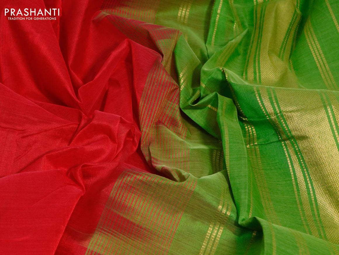 Silk cotton saree red and green with plain body and zari woven border