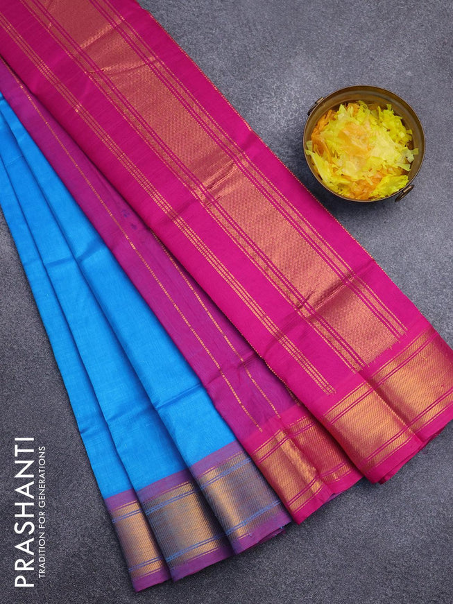 Silk cotton saree blue and pink with plain body and zari woven border