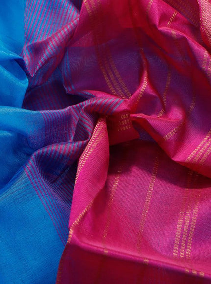 Silk cotton saree blue and pink with plain body and zari woven border