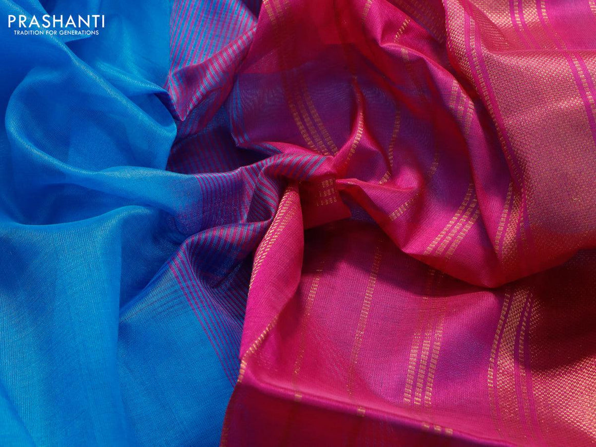 Silk cotton saree blue and pink with plain body and zari woven border