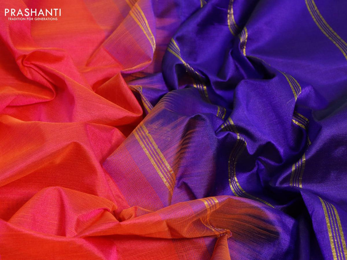 Silk cotton saree dual shade of pinkish orange and blue with plain body and small zari woven border