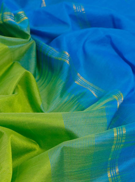 Silk cotton saree parrot green and cs blue with plain body and annam & paisley zari woven border