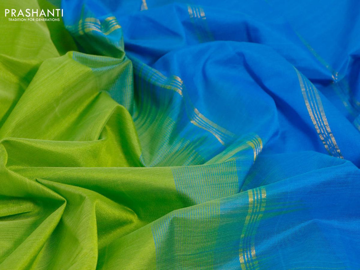 Silk cotton saree parrot green and cs blue with plain body and annam & paisley zari woven border