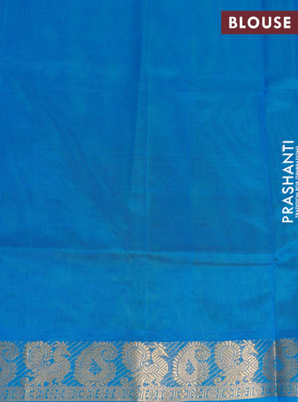 Silk cotton saree parrot green and cs blue with plain body and annam & paisley zari woven border