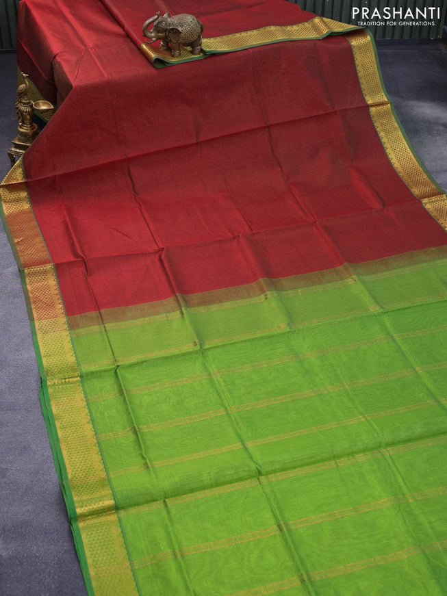 Silk cotton saree maroon and light green with allover vairaosi pattern and zari woven border