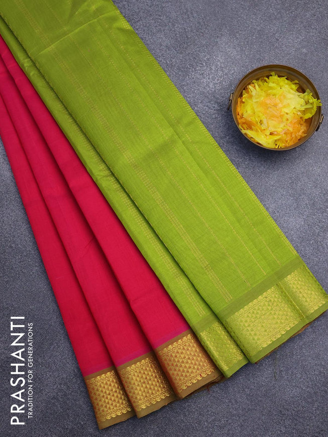 Silk cotton saree pink and lime green with plain body and zari woven border