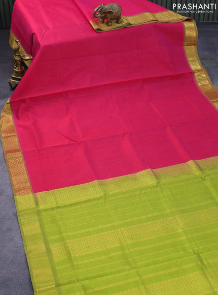 Silk cotton saree pink and lime green with plain body and zari woven border