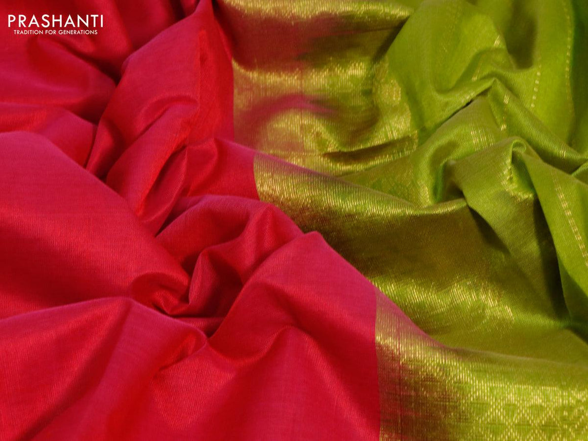 Silk cotton saree pink and lime green with plain body and zari woven border