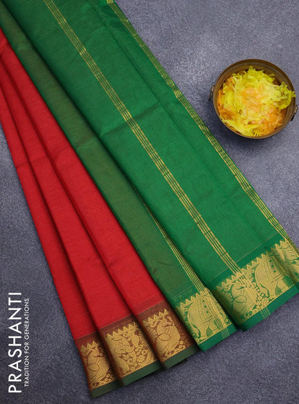 Silk cotton saree red and green with allover vairaosi pattern and annam & elephant zari woven border