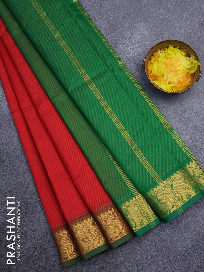 Silk cotton saree red and green with allover vairaosi pattern and annam & elephant zari woven border