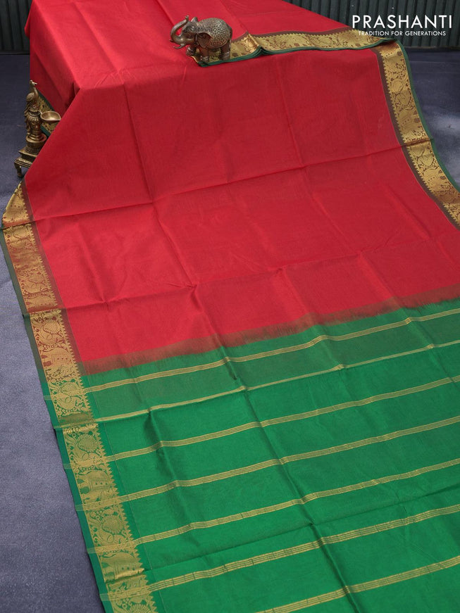 Silk cotton saree red and green with allover vairaosi pattern and annam & elephant zari woven border