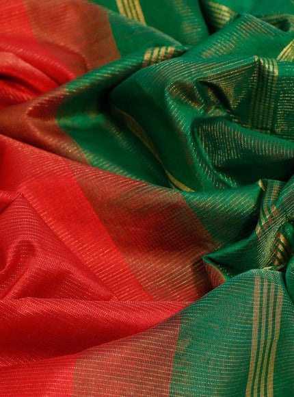 Silk cotton saree red and green with allover vairaosi pattern and annam & elephant zari woven border