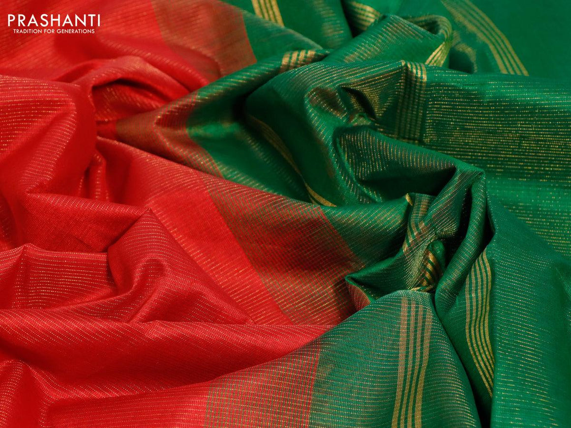 Silk cotton saree red and green with allover vairaosi pattern and annam & elephant zari woven border