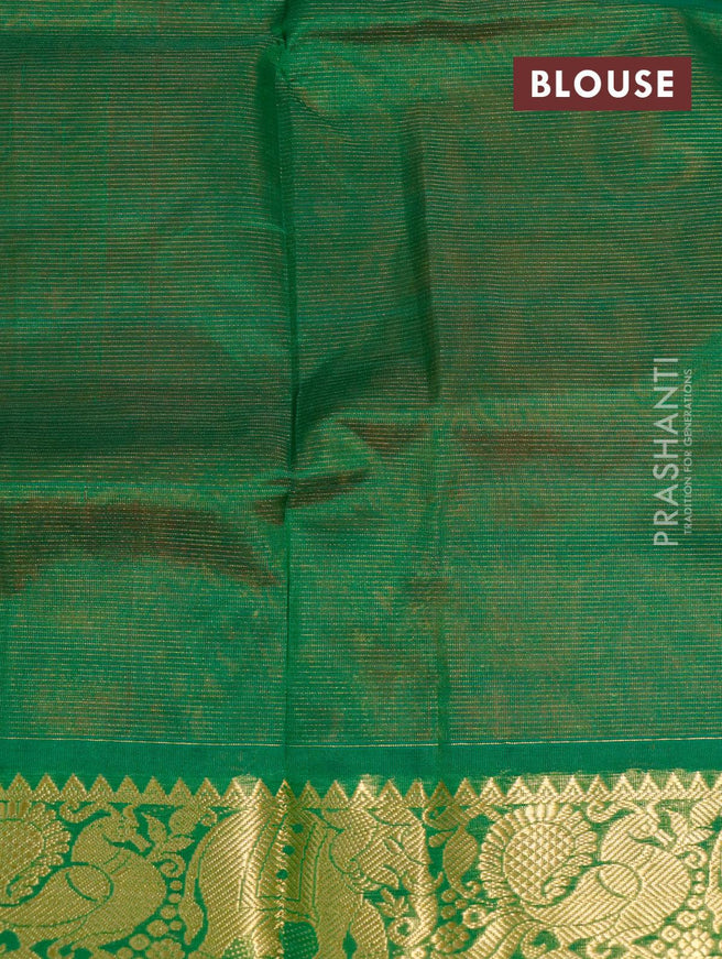 Silk cotton saree red and green with allover vairaosi pattern and annam & elephant zari woven border