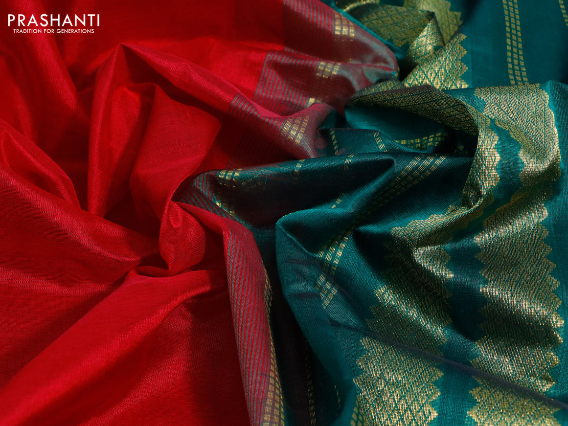 Silk cotton saree red and green with plain body and rettapet zari woven border