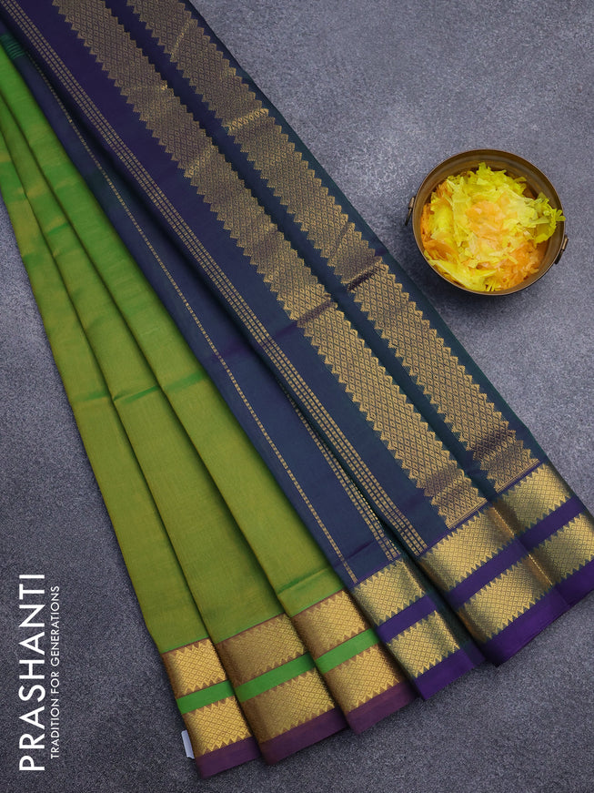 Silk cotton saree light green and dual shade of blue with plain body and rettapet zari woven border