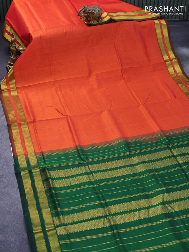 Silk cotton saree orange and green with plain body and rettapet zari woven border