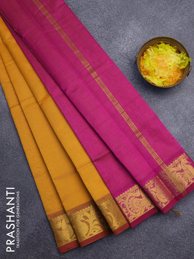 Silk cotton saree mustard yellow and magenta pink with allover vairaosi pattern and annam zari woven border