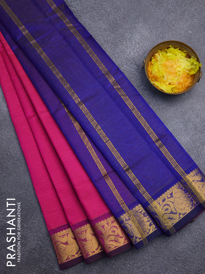 Silk cotton saree pink and blue with allover vairaosi pattern and annam zari woven border