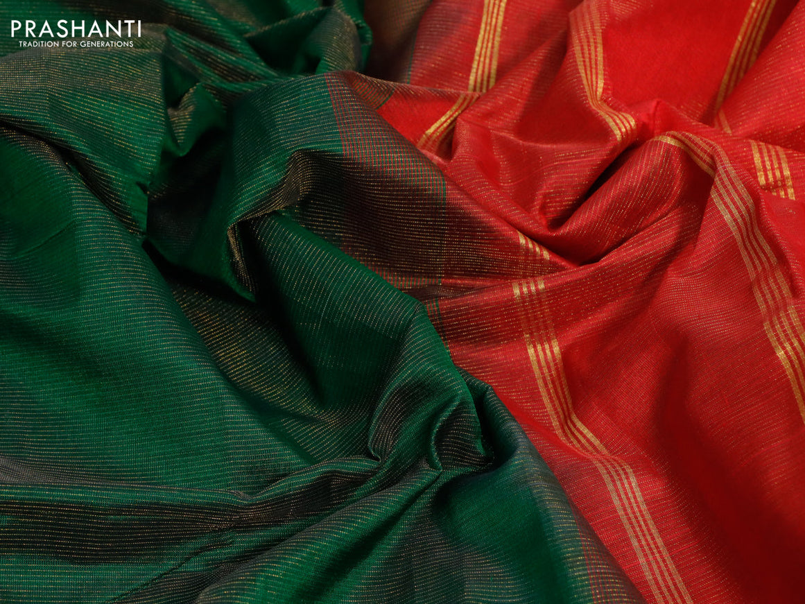 Silk cotton saree green and red with allover vairaosi pattern and zari woven border
