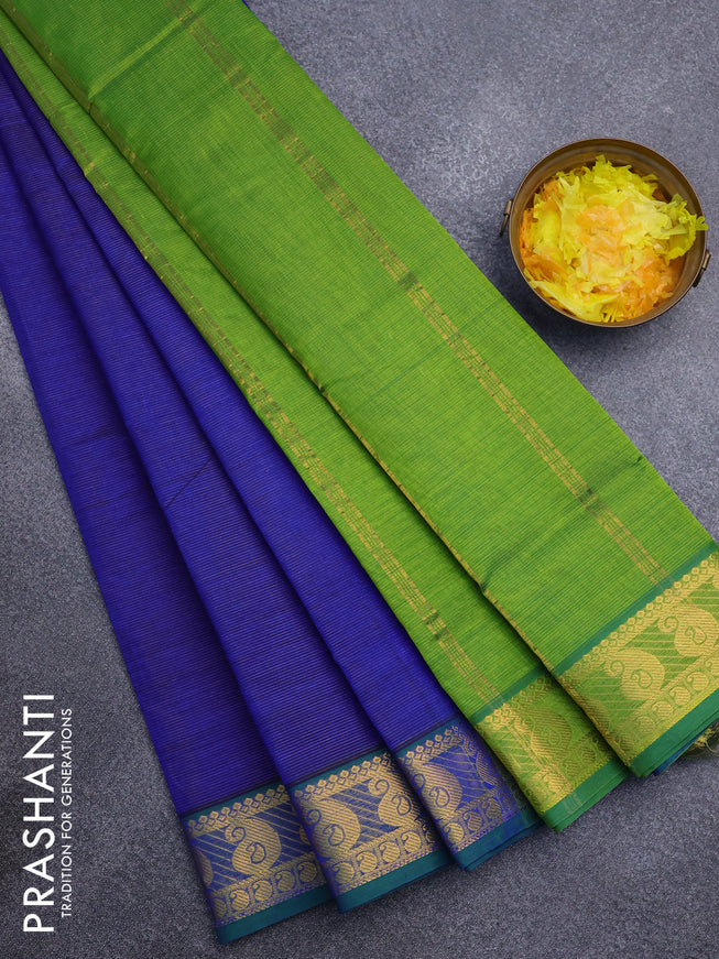 Silk cotton saree blue and light green with allover vairaosi pattern and paisley zari woven border
