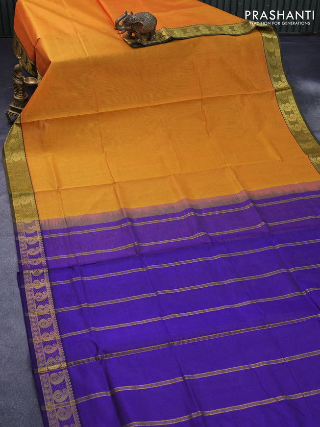 Silk cotton saree mustard yellow and blue with allover vairaosi pattern and paisley zari woven border