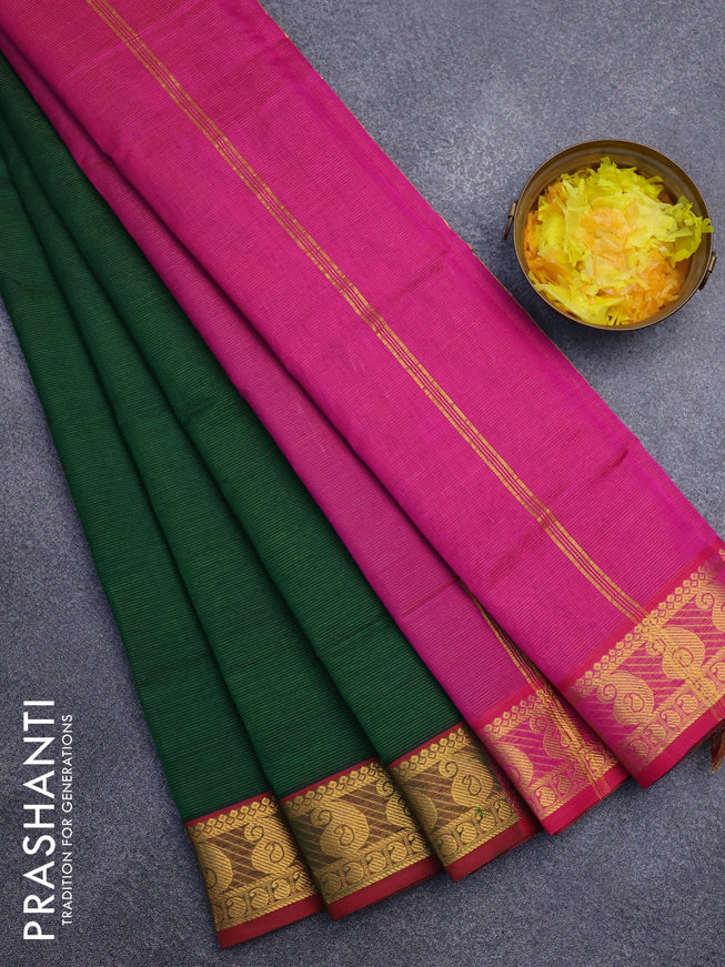 Silk cotton saree green and pink with allover vairaosi pattern and paisley zari woven border