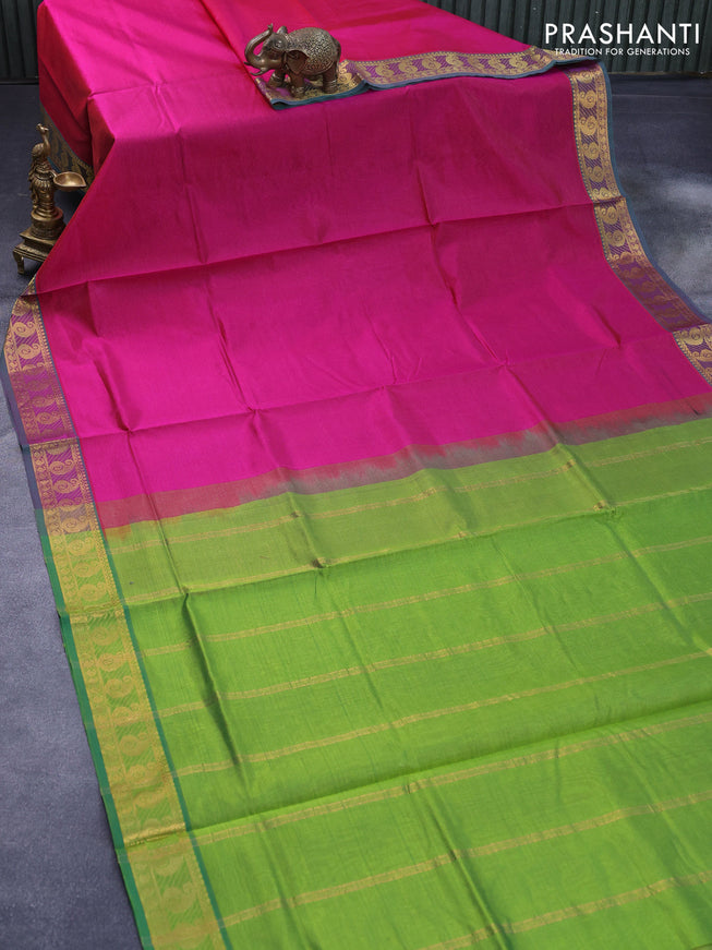 Silk cotton saree pink and green with allover vairaosi pattern and paisley zari woven border