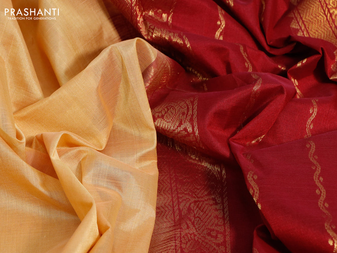 Silk cotton saree sandal and maroon with plain body and zari woven border