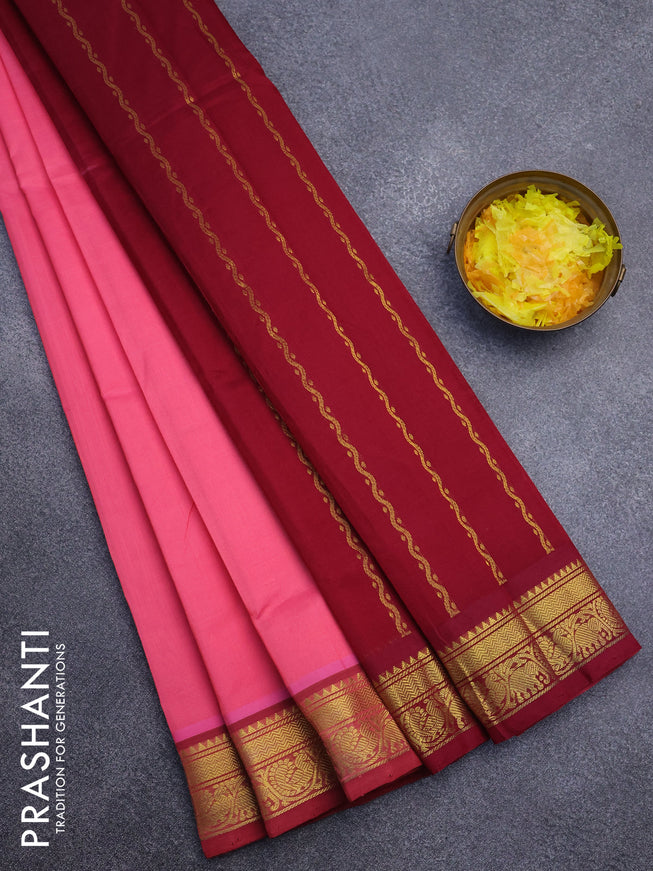 Silk cotton saree candy pink and maroon with plain body and zari woven border