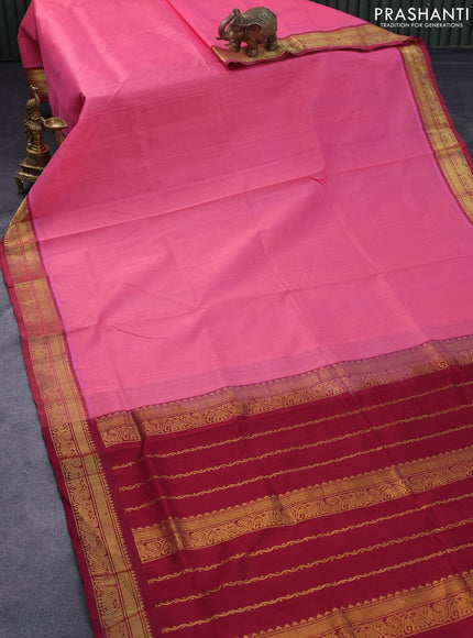 Silk cotton saree candy pink and maroon with plain body and zari woven border