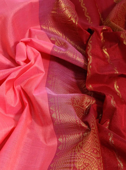 Silk cotton saree candy pink and maroon with plain body and zari woven border