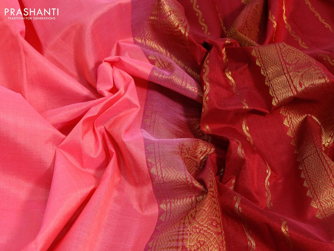 Silk cotton saree candy pink and maroon with plain body and zari woven border