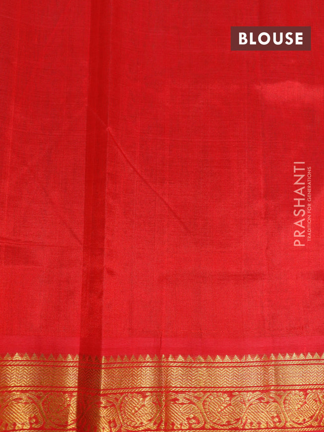 Silk cotton saree teal green and red with plain body and zari woven border