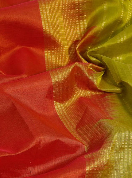 Silk cotton saree sunset orange and light green with plain body and annam zari woven border