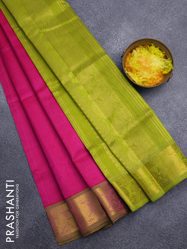 Silk cotton saree pink and light green with plain body and annam zari woven border