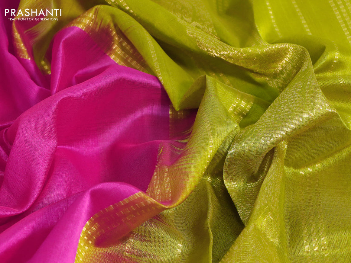 Silk cotton saree pink and light green with plain body and annam zari woven border