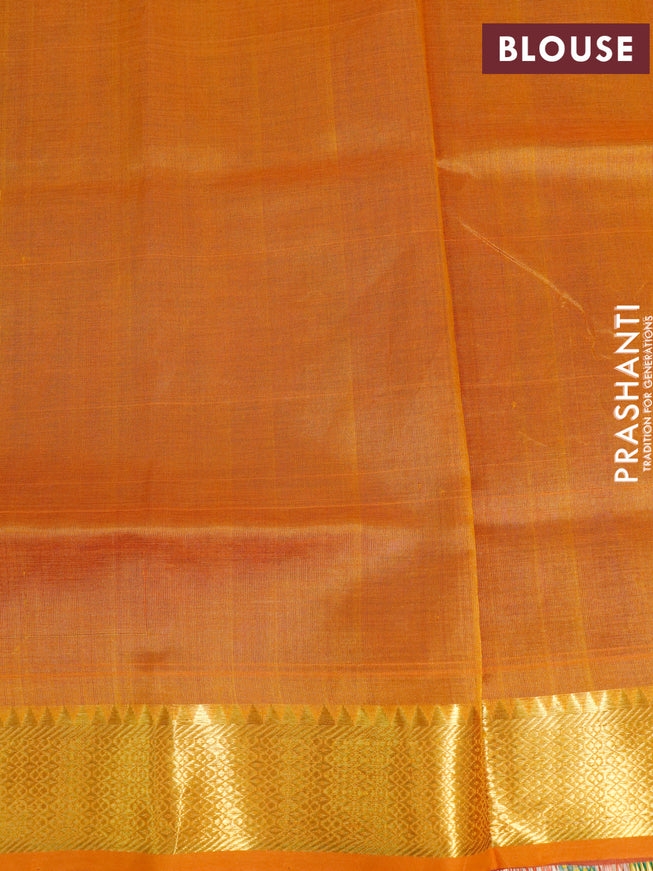 Silk cotton saree dual shade of purple and mustard yellow with plain body and zari woven border