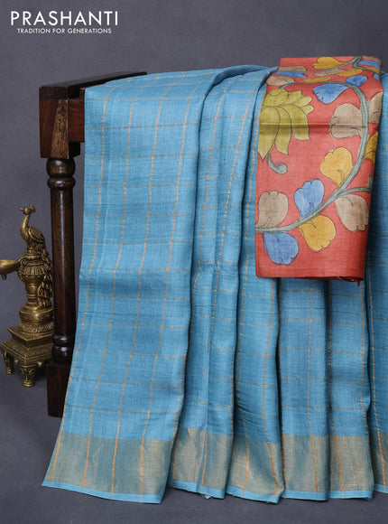 Pure tussar silk saree light blue and rust shade with allover zari checked pattern and zari woven border - kalamkari printed blouse